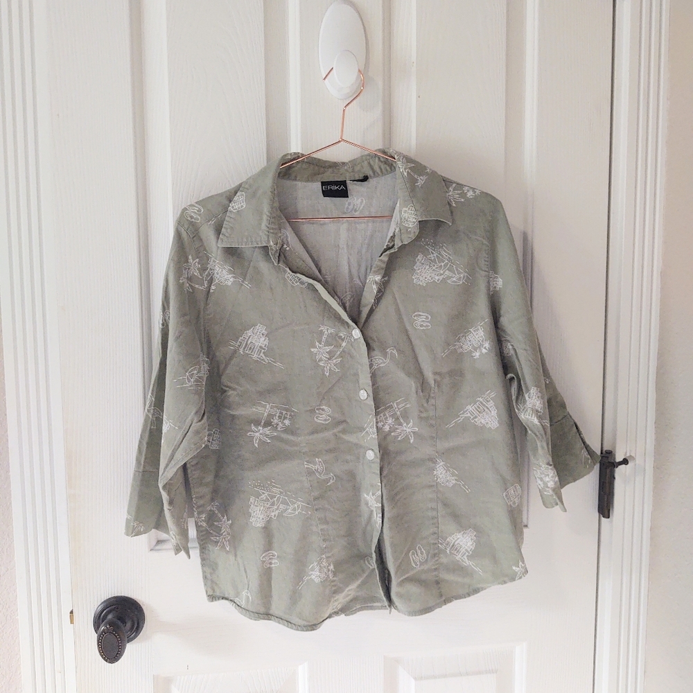 Vintage Green Palm Tree Button Down Top